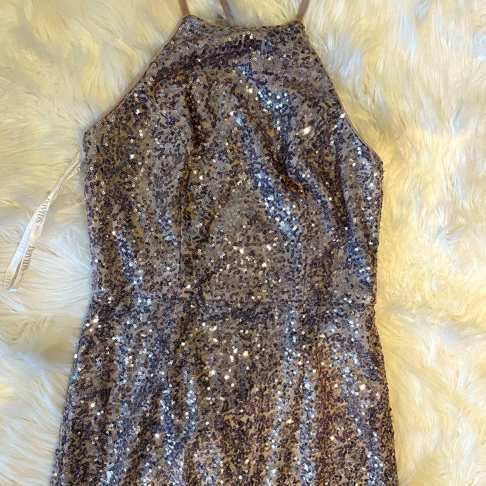 Rose gold formal David’s Bridal dress